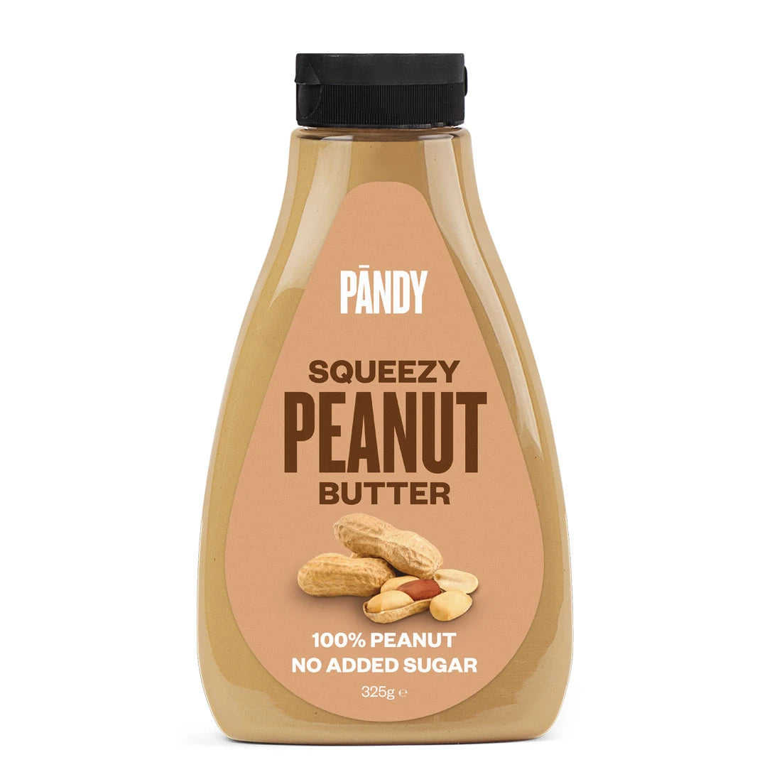 Pändy Squeezy 325 g jordnötssmör i en smidig squeeze-flaska med svart lock och etikett som visar jordnötter., bild 1 av 2