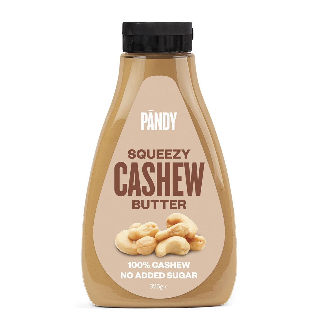 Pändy Squeezy 325 g i smaken Cashew Butter i en genomskinlig squeeze-flaska med beige etikett., bild 2 av 2
