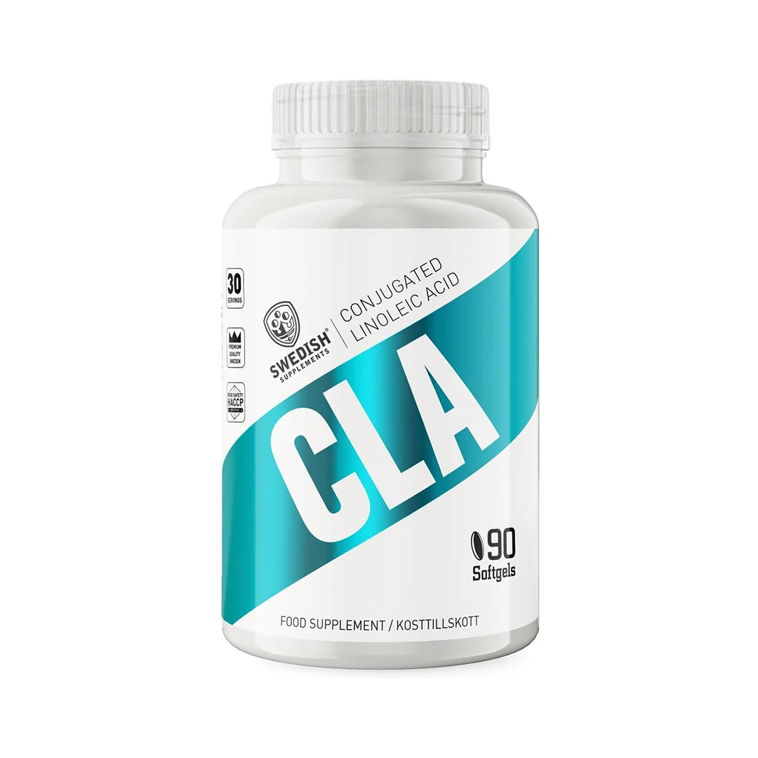 Swedish Supplements CLA 90 caps kosttillskott i en vit burk med turkosa detaljer och svart text., bild 1 av 1