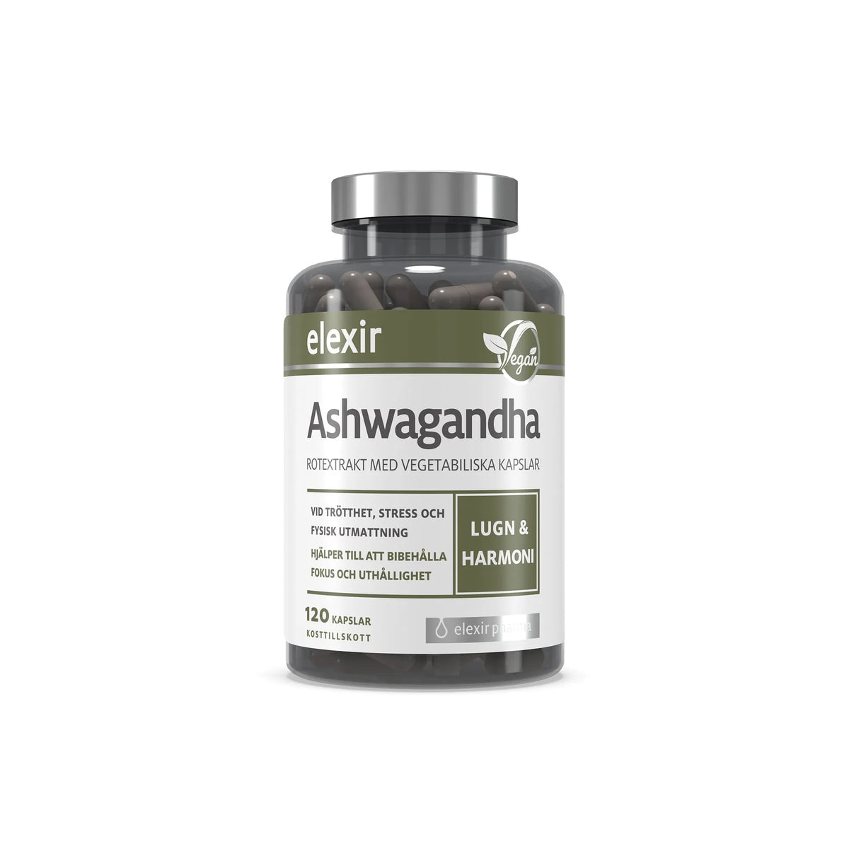 Elexir Pharma Ashwagandha 120 caps i en transparent burk med silverlock och vit-grön etikett, fylld med mörka kapslar., bild 1 av 1