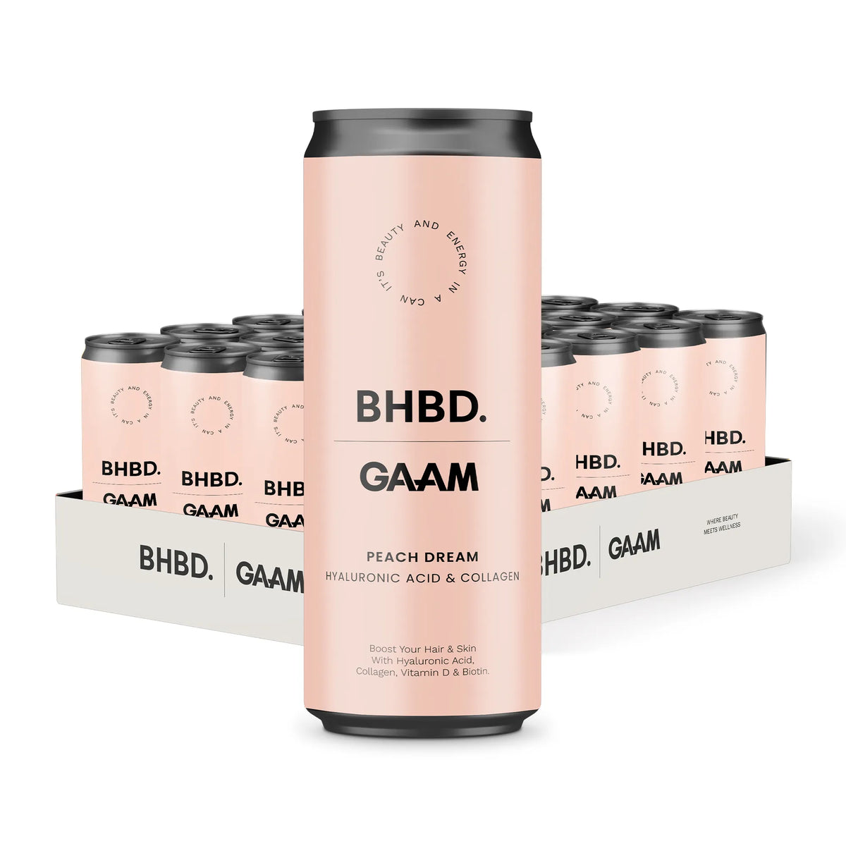 24 x GAAM X BHBD Collagen Energy Drink 330 ml Peach Dream i ett vitt flak med matchande ljusrosa burkar och svart text., bild 1 av 1