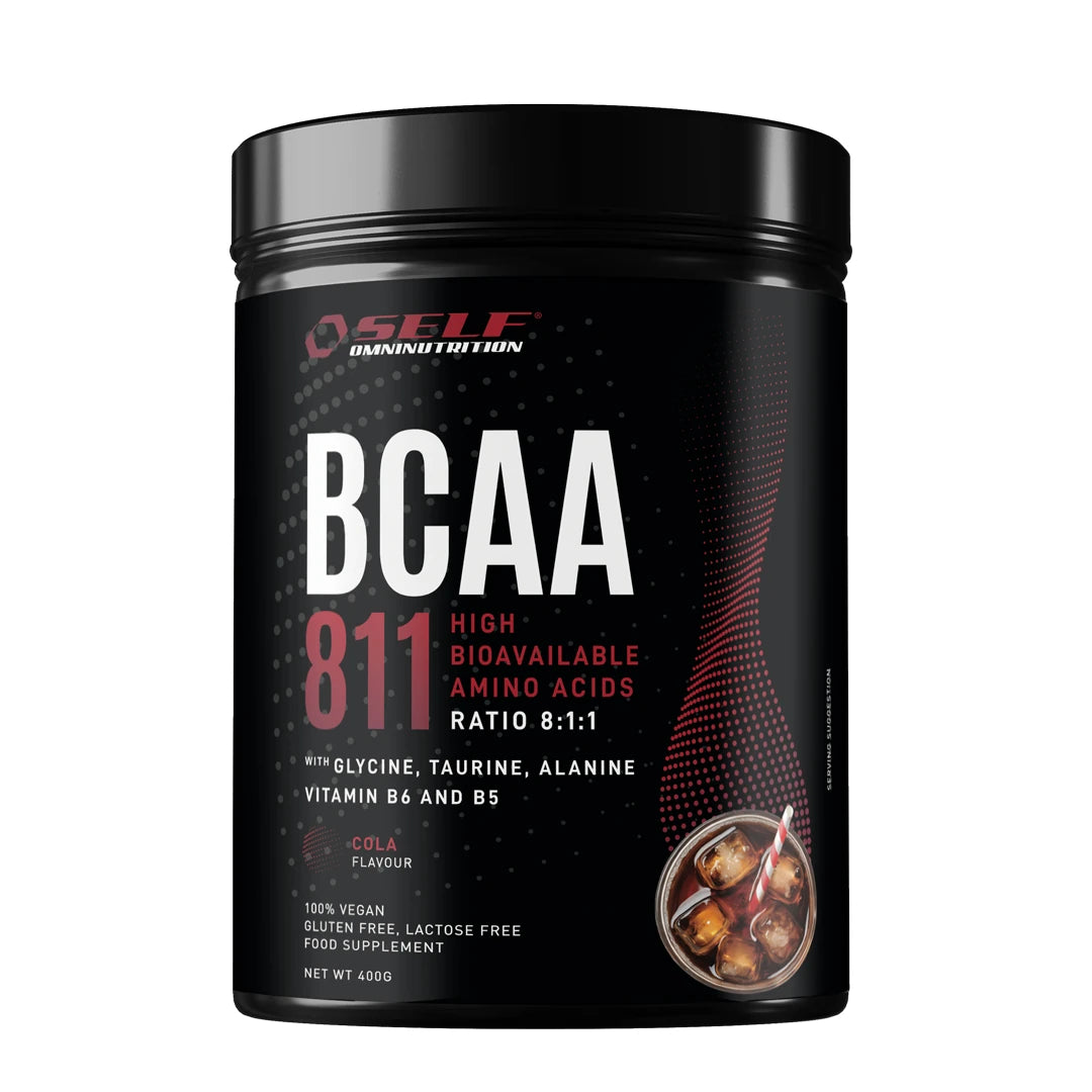 Self Omninutrition Bcaa 811 400 g aminosyror i en svart burk med röda detaljer och smak av Cola., bild 1 av 1