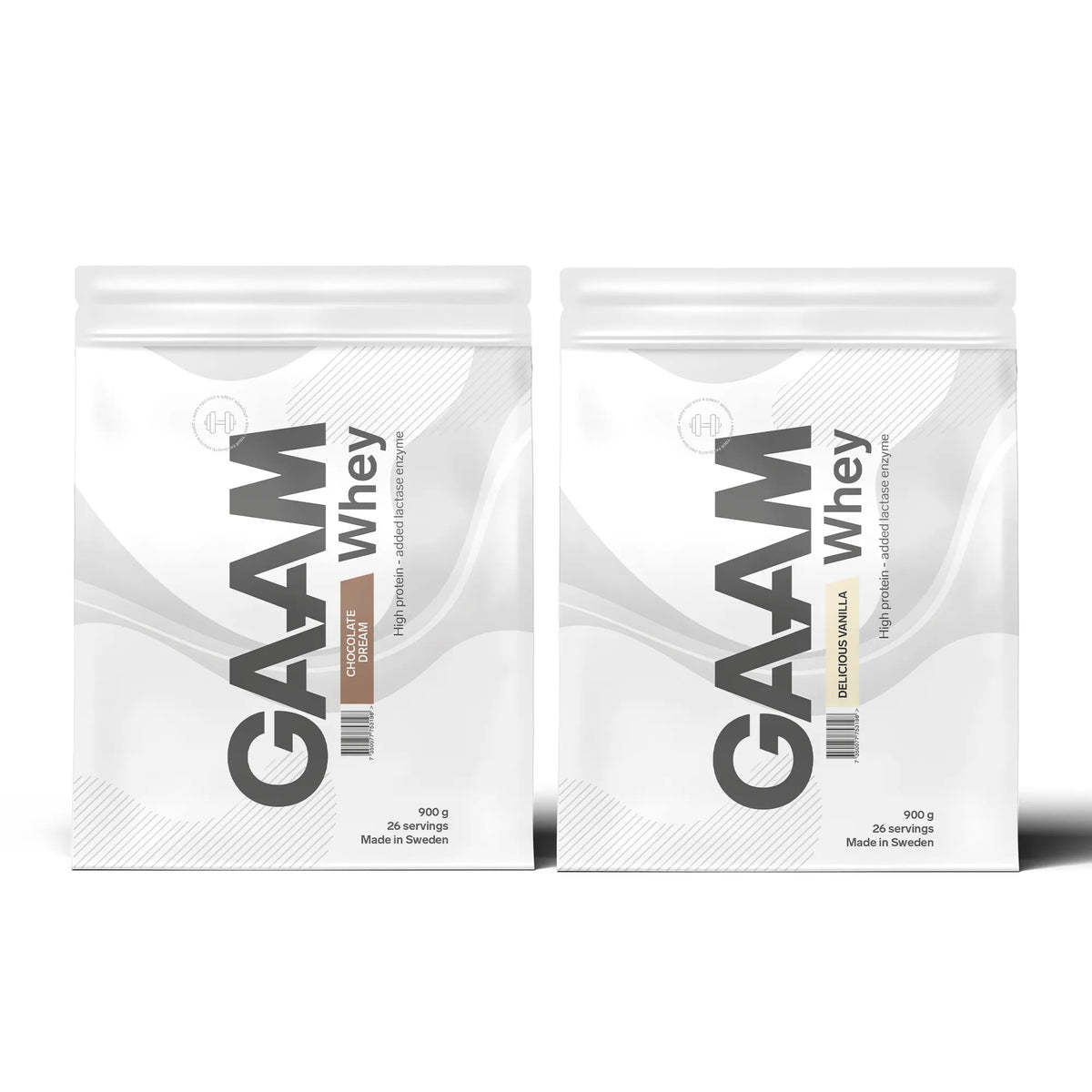 2 x GAAM Whey 900 g proteinpulver i två vita påsar för smakerna Chocolate Dream och Delicious Vanilla., bild 1 av 1