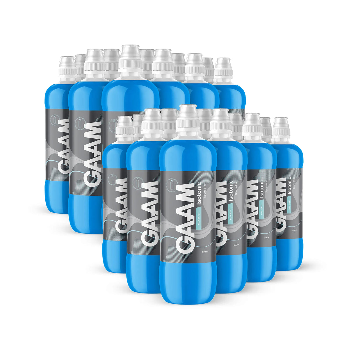 24 x GAAM Isotonic 500 ml sportdryck i plastflaskor med blå vätska och vit sportkork för smaken Blue Blast.