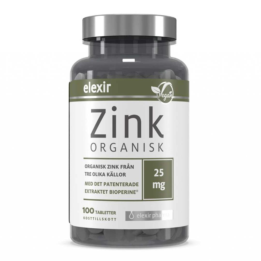 Elexir Pharma Organic Zink 100 tabs kosttillskott i en mörk burk med vit och grön etikett samt silvrigt lock., bild 1 av 1