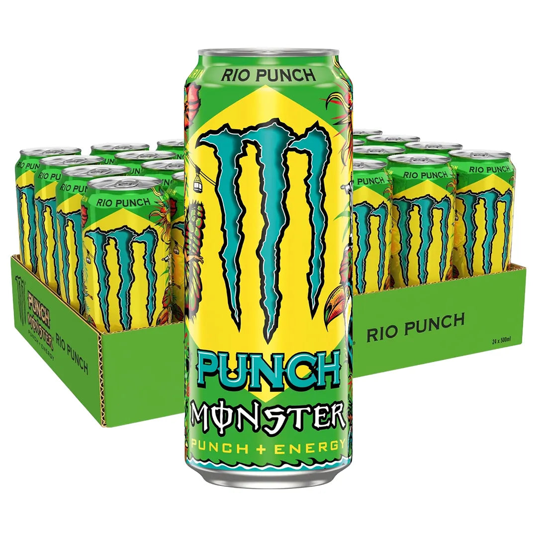 24 x Monster Energy 500 ml Juiced Rio Punch i ett grönt flak med gul och gröna burkar., bild 1 av 1