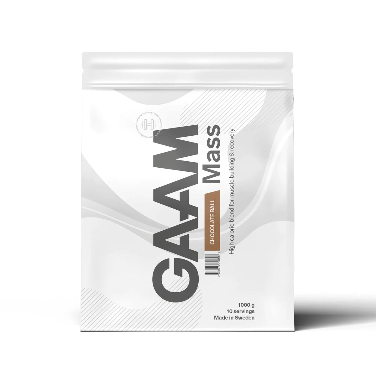 GAAM 100% MASS Premium 1 kg gainer i en vit påse med bruna detaljer för smaken Chocolate Ball., bild 5 av 9
