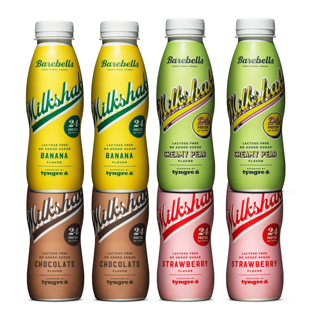 8 x Barebells Milkshake 330 ml Mixflak med åtta plastflaskor i smakerna Banana, Creamy Pear, Chocolate och Strawberry., bild 1 av 1
