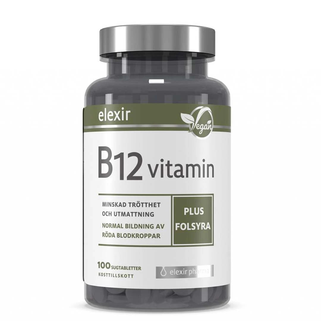 Elexir Pharma B12 Vitamin 100 tabs i en mörk burk med silverfärgat lock och vit etikett med gröna detaljer., bild 1 av 1