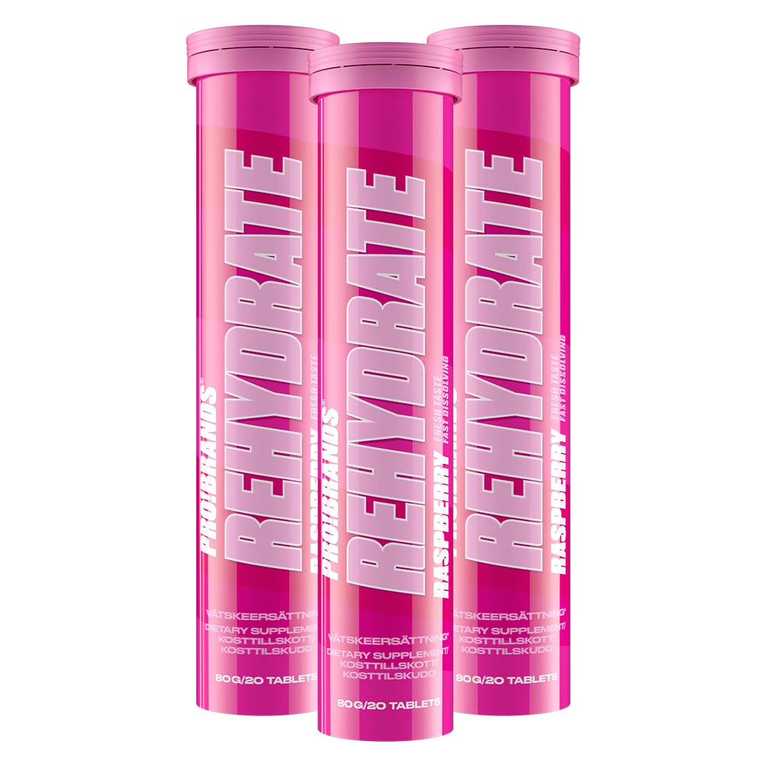 3 x Pro Brands Rehydrate 20 Tabs vätskeersättning i tre rosa rör med smaken Raspberry.
