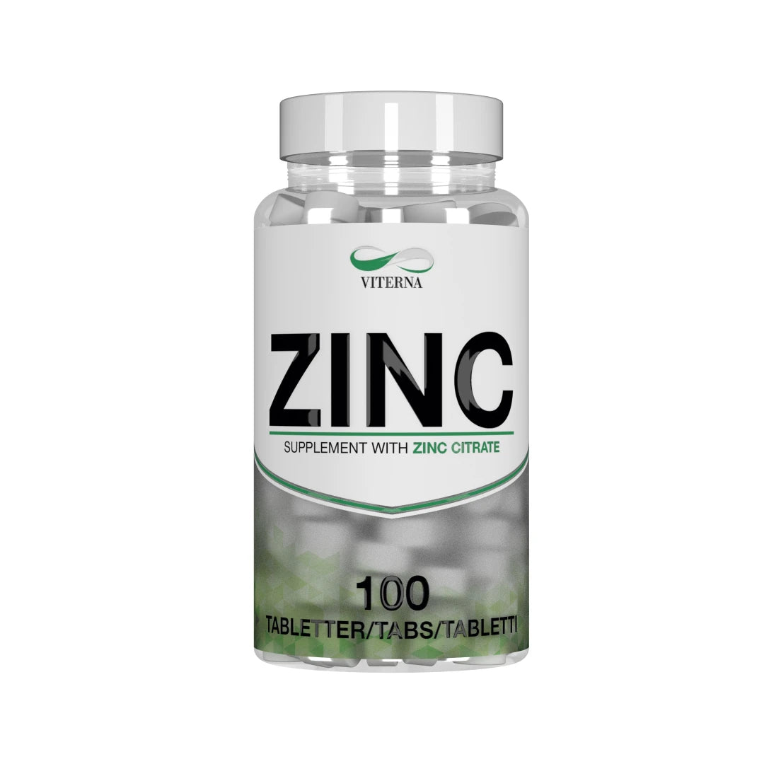 Viterna Zinc 100 caps i en genomskinlig burk med vit etikett, gröna detaljer och synliga vita tabletter., bild 1 av 1