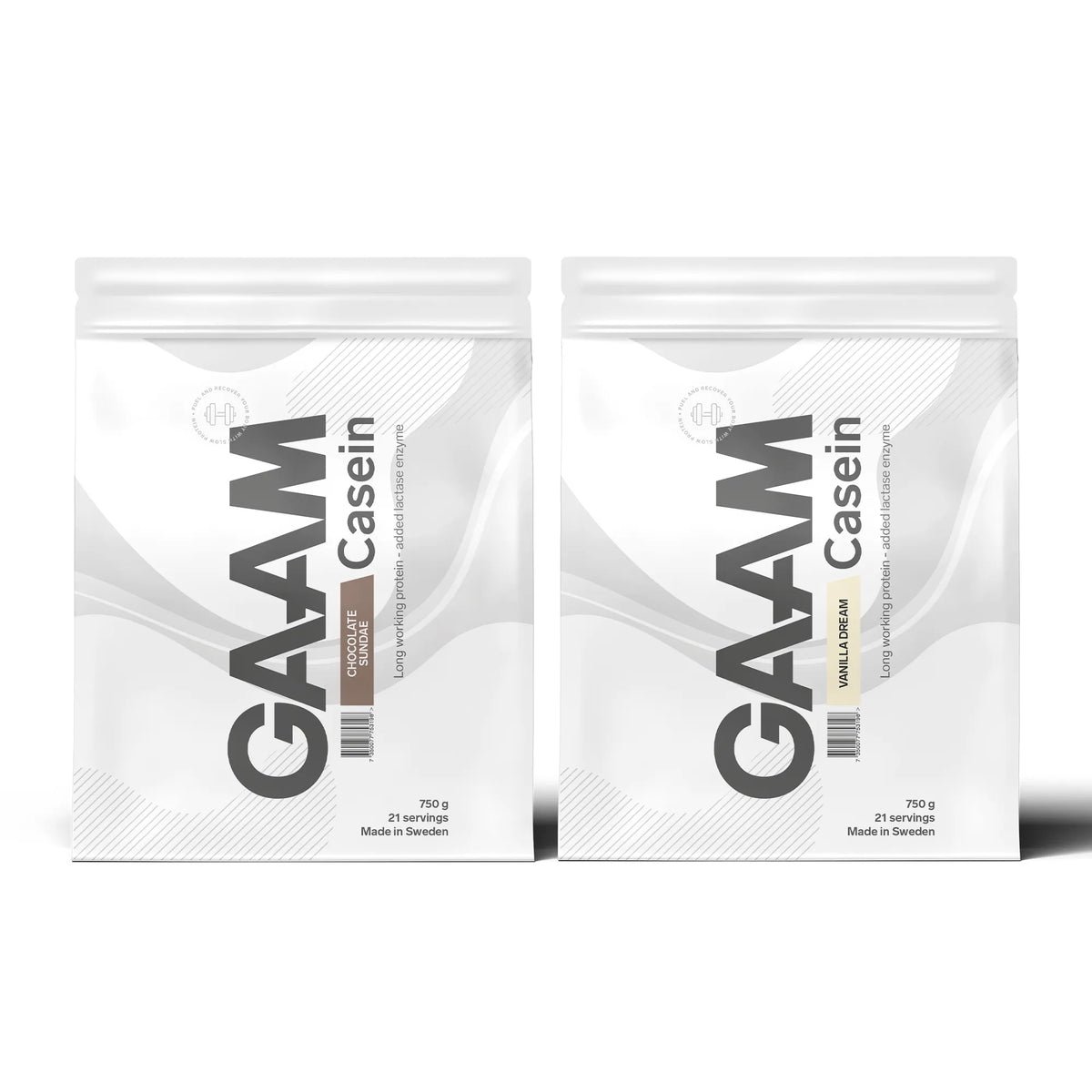 2 x GAAM Casein Kaseinprotein 750 g i två vita påsar med grå detaljer för smakerna Chocolate Sundae och Vanilla Dream., bild 1 av 1