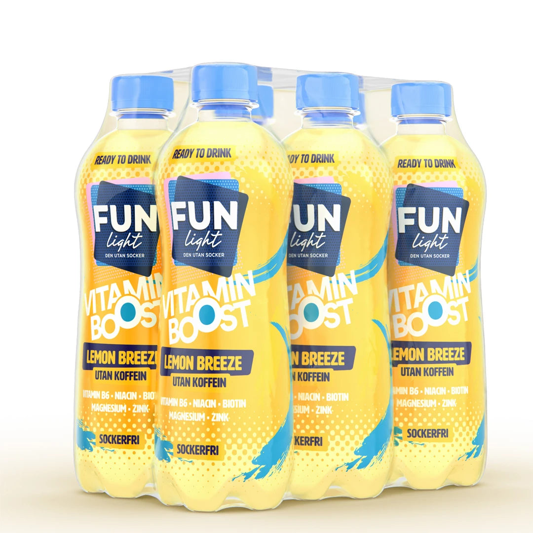 6 x Fun Light Vitamin Boost 500 ml Lemon Breeze i ett smidigt 6-pack med genomskinliga flaskor och blåa korkar., bild 1 av 1