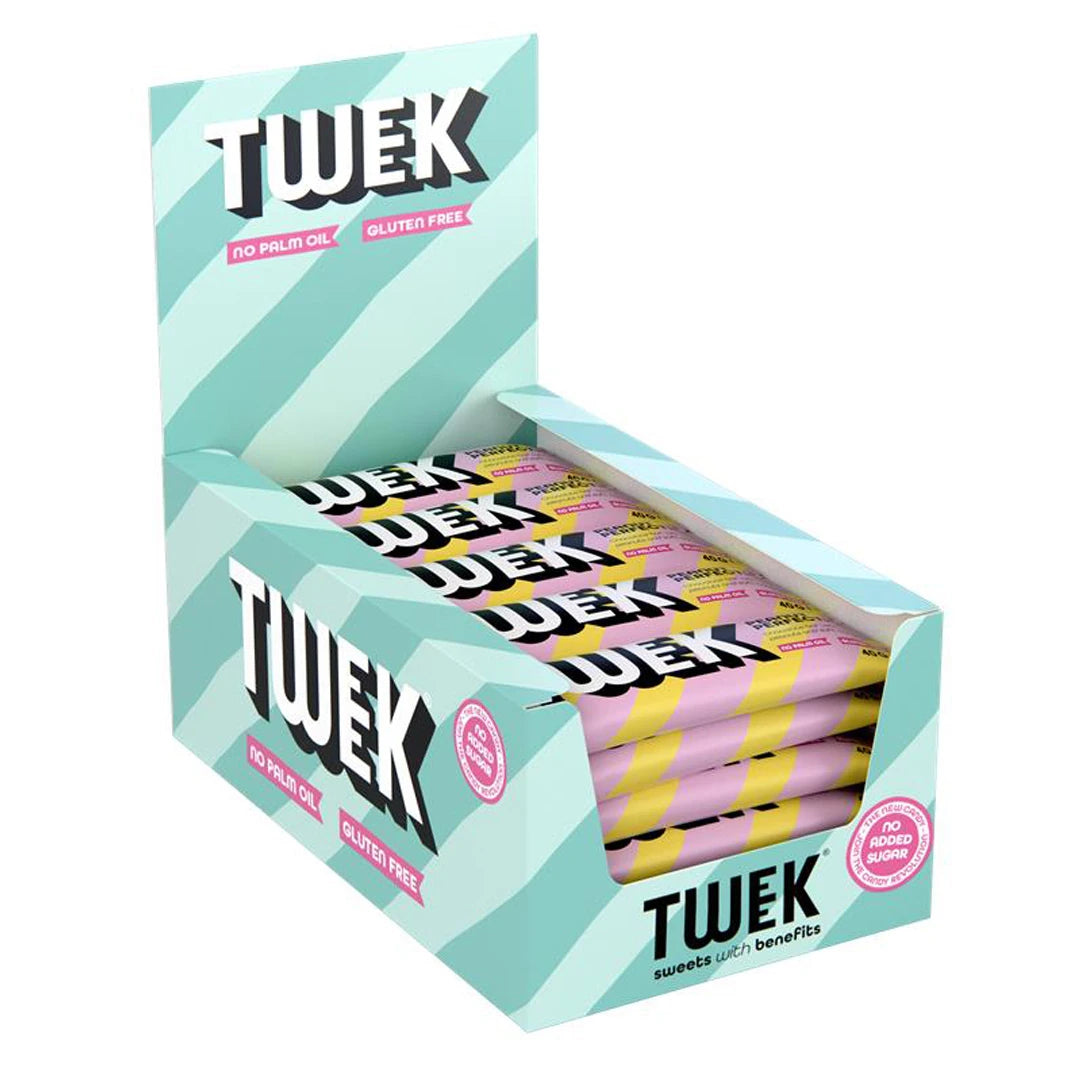 20 x Tweek Sweets Bar 40 g Mixlåda i en mintgrön och vitrandig displaylåda fylld med chokladbars i rosa och gula omslag.