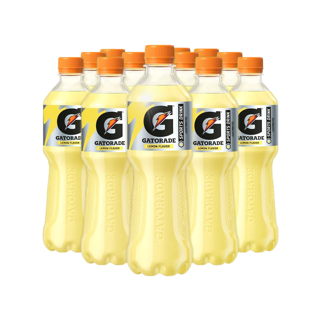 12 x Gatorade 500 ml Lemon i transparenta plastflaskor med gul sportdryck, orange kork och svart text., bild 1 av 1