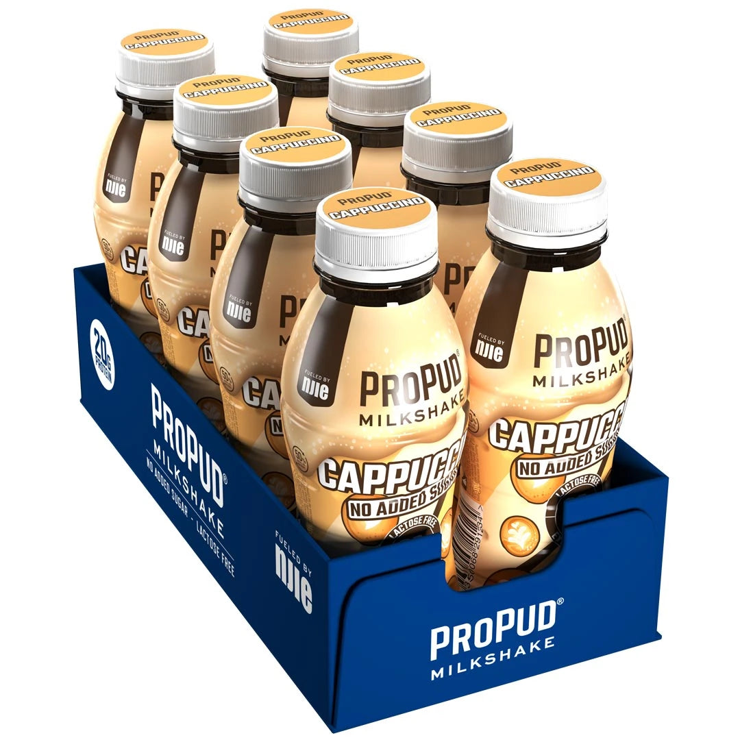 8 x NJIE ProPud Protein Milkshake 330 ml Cappuccino i en mörkblå låda med åtta ljusbruna och bruna flaskor., bild 1 av 1