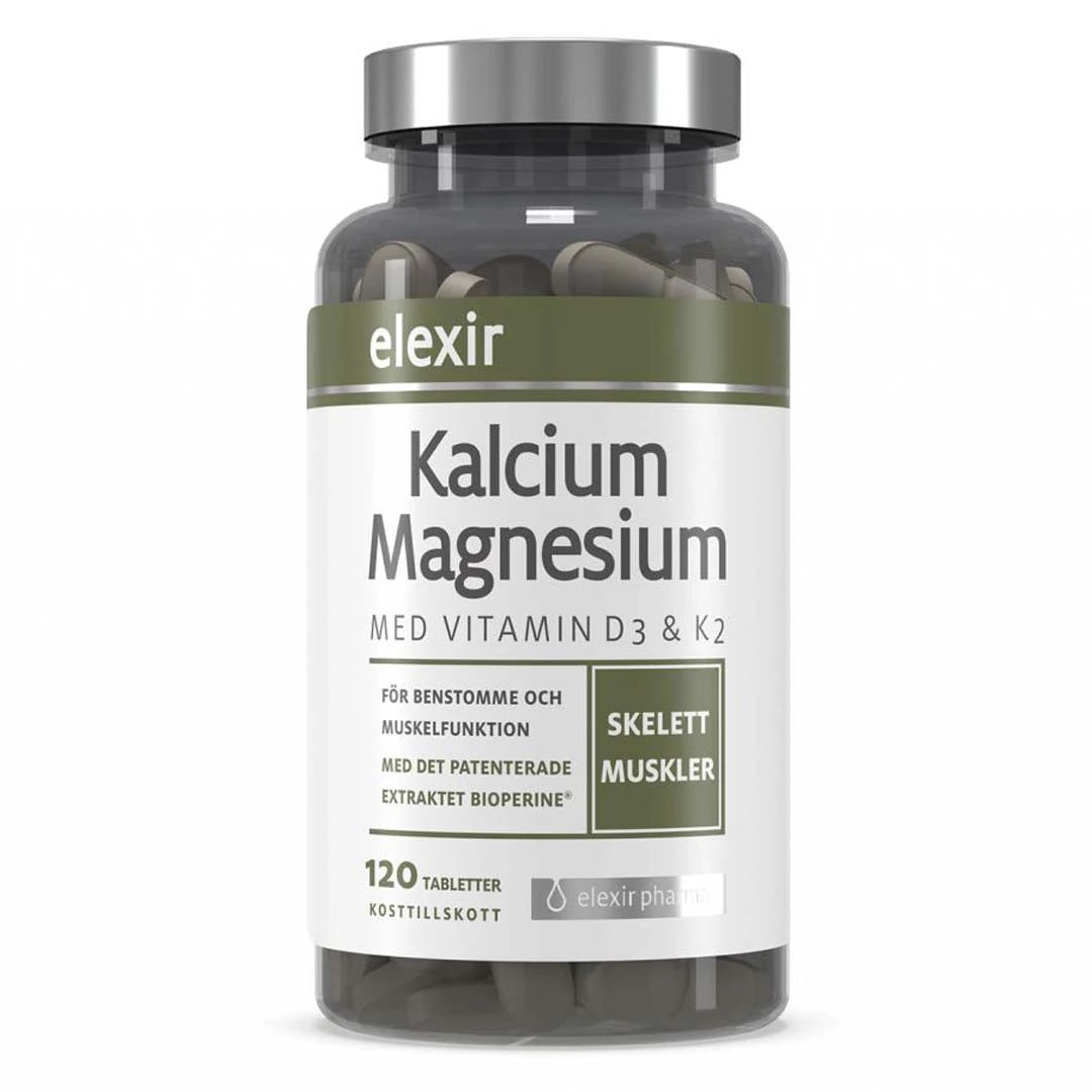 Elexir Pharma Kalcium &amp; Magnesium 120 tabs i en transparent burk med vit och grön etikett och ett silverfärgat lock., bild 1 av 1