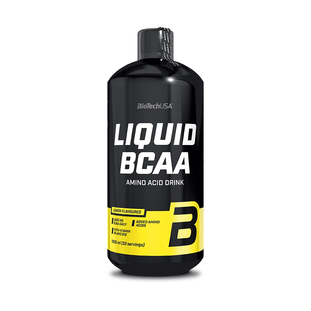 BioTechUSA Liquid BCAA 1 l flytande aminosyror i en svart flaska med vita och gula detaljer.