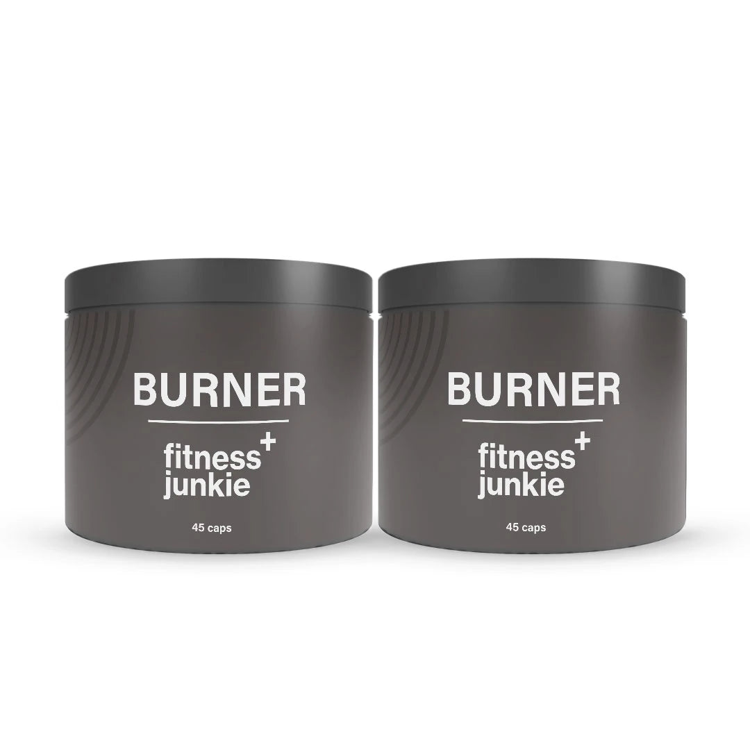 2 x fitnessjunkie Burner 45 caps fettförbrännare i två mörkgrå burkar med stilren vit text., bild 1 av 1