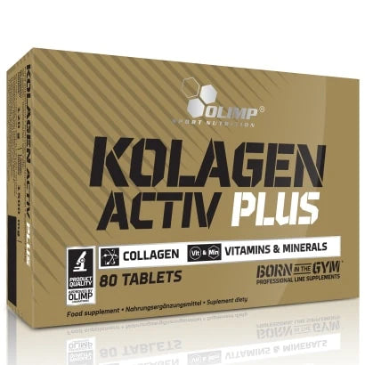 Olimp Kolagen Activ Plus 80 tabs, kosttillskott i en guldfärgad ask med svart och vit text., bild 1 av 1