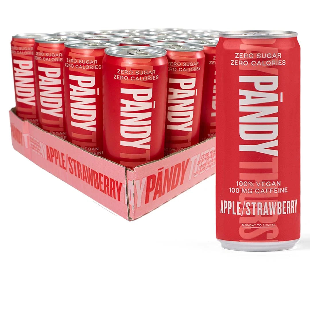 24 x Pändy Soda Energy Drink 330 ml Apple Strawberry i ett rosa flak fyllt med röda burkar., bild 1 av 1