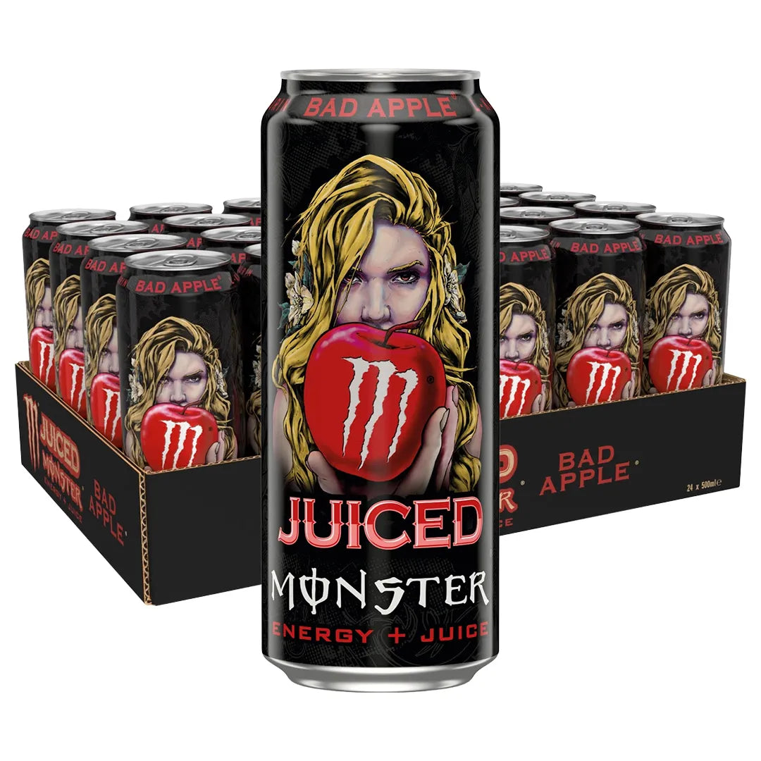 24 x Monster Energy 500 ml Juiced Bad Apple i en svart kartong fylld med svarta burkar med rött äppelmotiv., bild 1 av 1