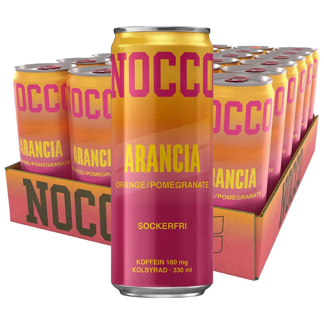 24 x NOCCO BCAA 330 ml Arancia i ett flak med matchande burkar i en orange och rosa färgtoning., bild 1 av 1