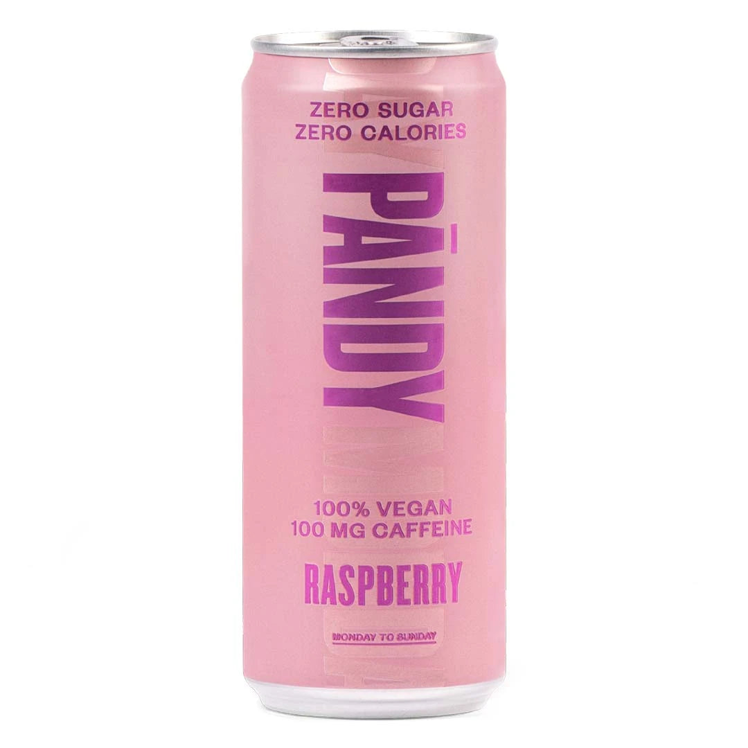 Pändy Soda 330 ml koffeindryck i en ljusrosa burk med lila detaljer för smaken Raspberry., bild 1 av 3