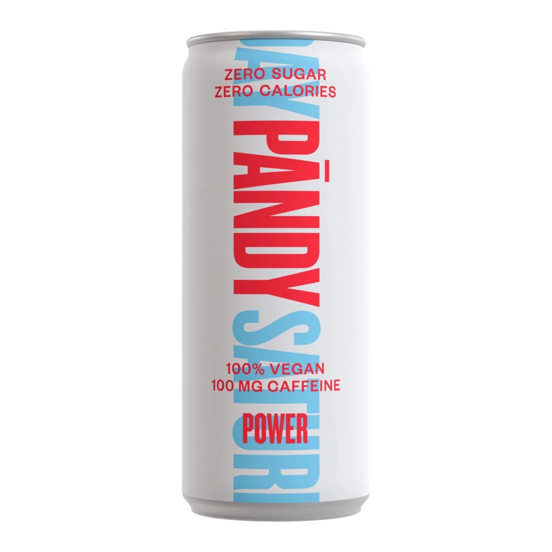 Pändy Soda 330 ml koffeindryck i en vit burk med röd och ljusblå text för smaken Power., bild 3 av 3