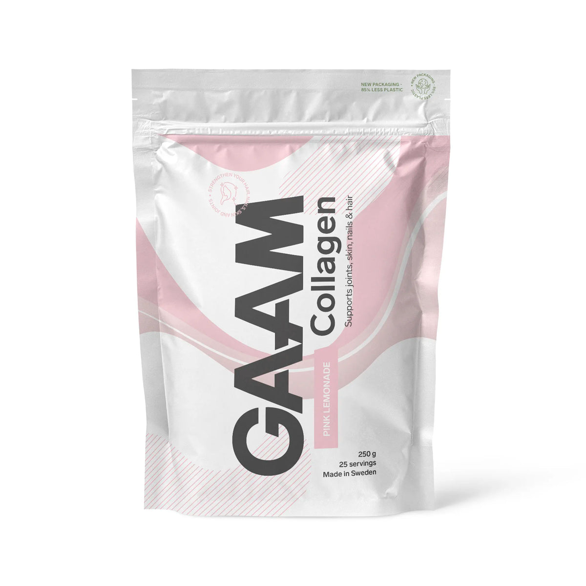 GAAM Collagen 250 g kollagenpulver i en vit påse med rosa detaljer för smaken Pink Lemonade., bild 1 av 4