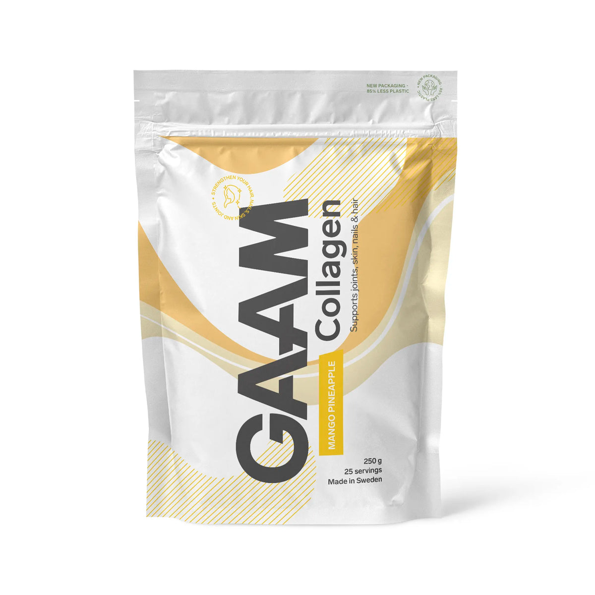 GAAM Collagen 250 g kollagenpulver i en vit påse med gula detaljer för smaken Mango Pineapple.