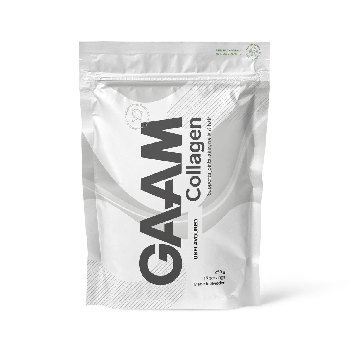 GAAM Collagen 250 g kollagenpulver i en vit påse med mörkgrå text för varianten Unflavoured., bild 3 av 4