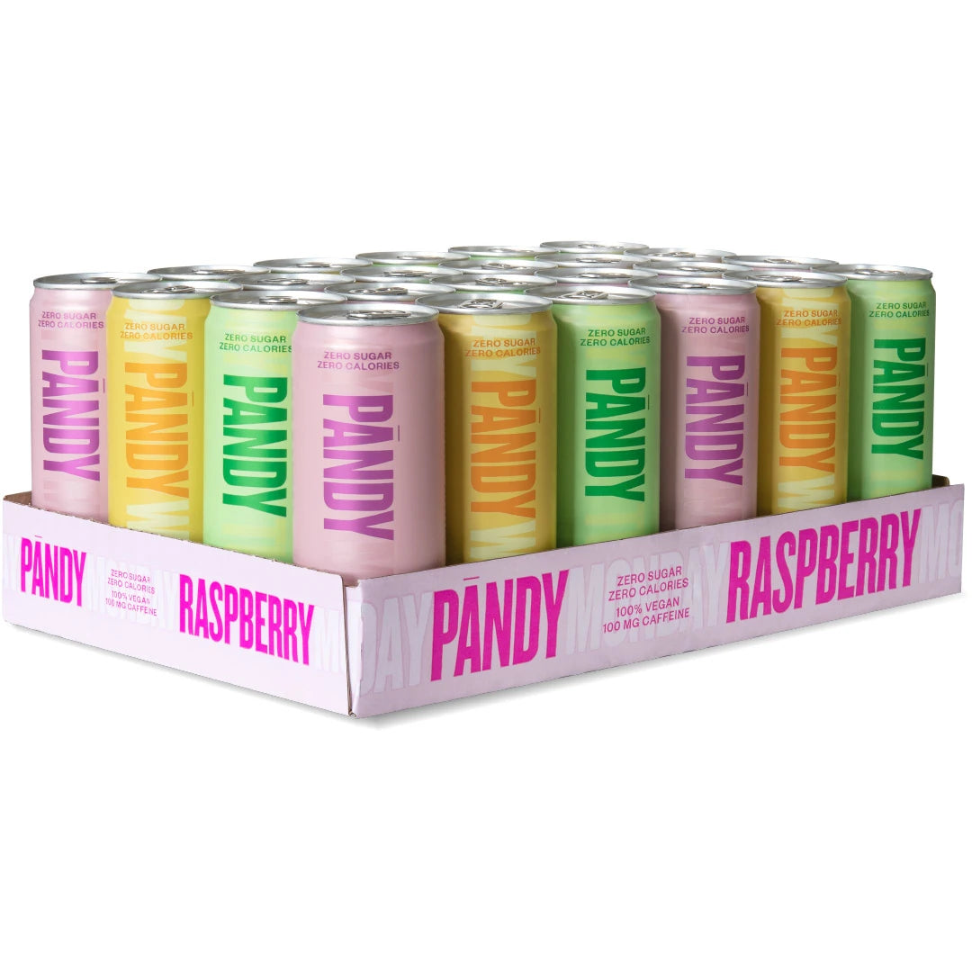 24 x Pändy Soda Energy Drink 330 ml Mixflak fyllt med färgglada energidrycksburkar i rosa, orange och grönt., bild 1 av 1