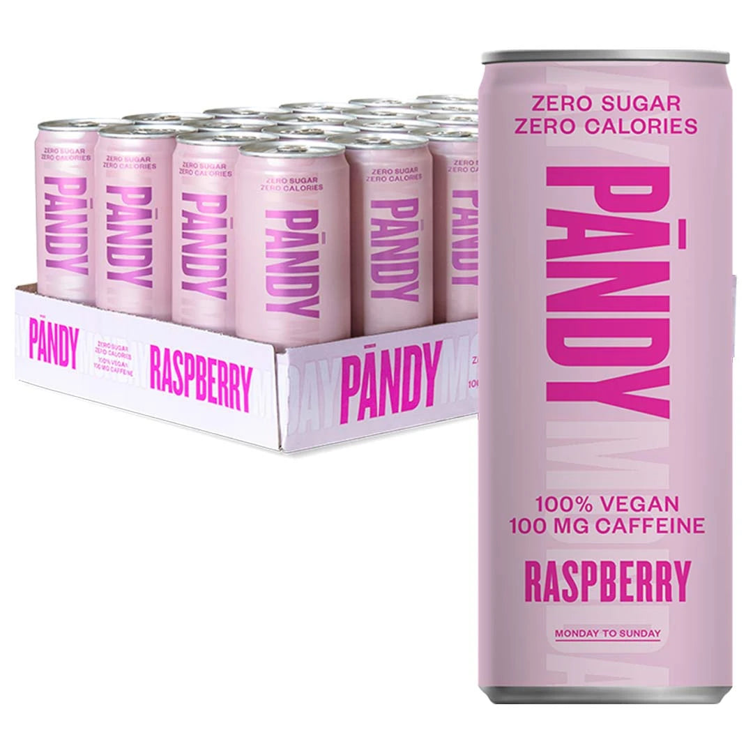 24 x Pändy Soda Energy Drink 330 ml Raspberry i ett ljusrosa flak med matchande energidrycksburkar., bild 1 av 1
