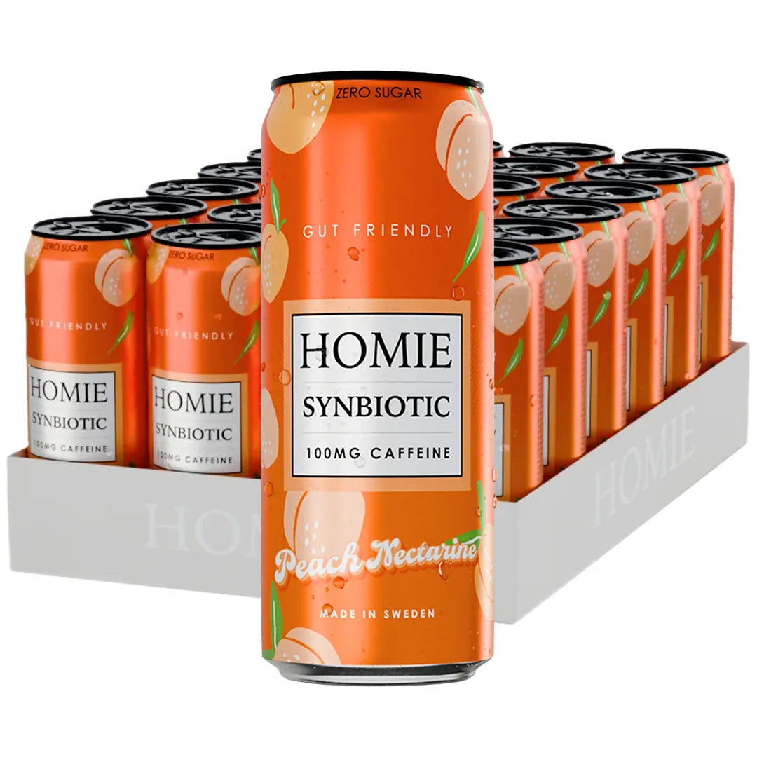 24 x Homie Wake Up Synbiotic 330 ml Peach Nectarine i ett vitt flak med brandgula burkar dekorerade med persikor., bild 1 av 1
