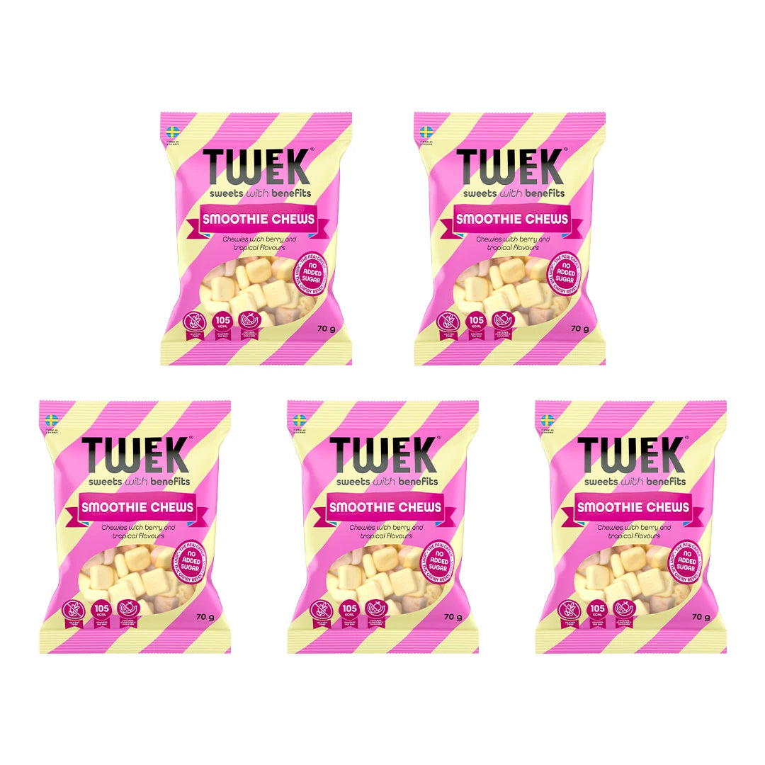 5 x Tweek Sweets 70 g Smoothie Chews i rosa och gulrandiga påsar med fönster som visar godiset., bild 1 av 1