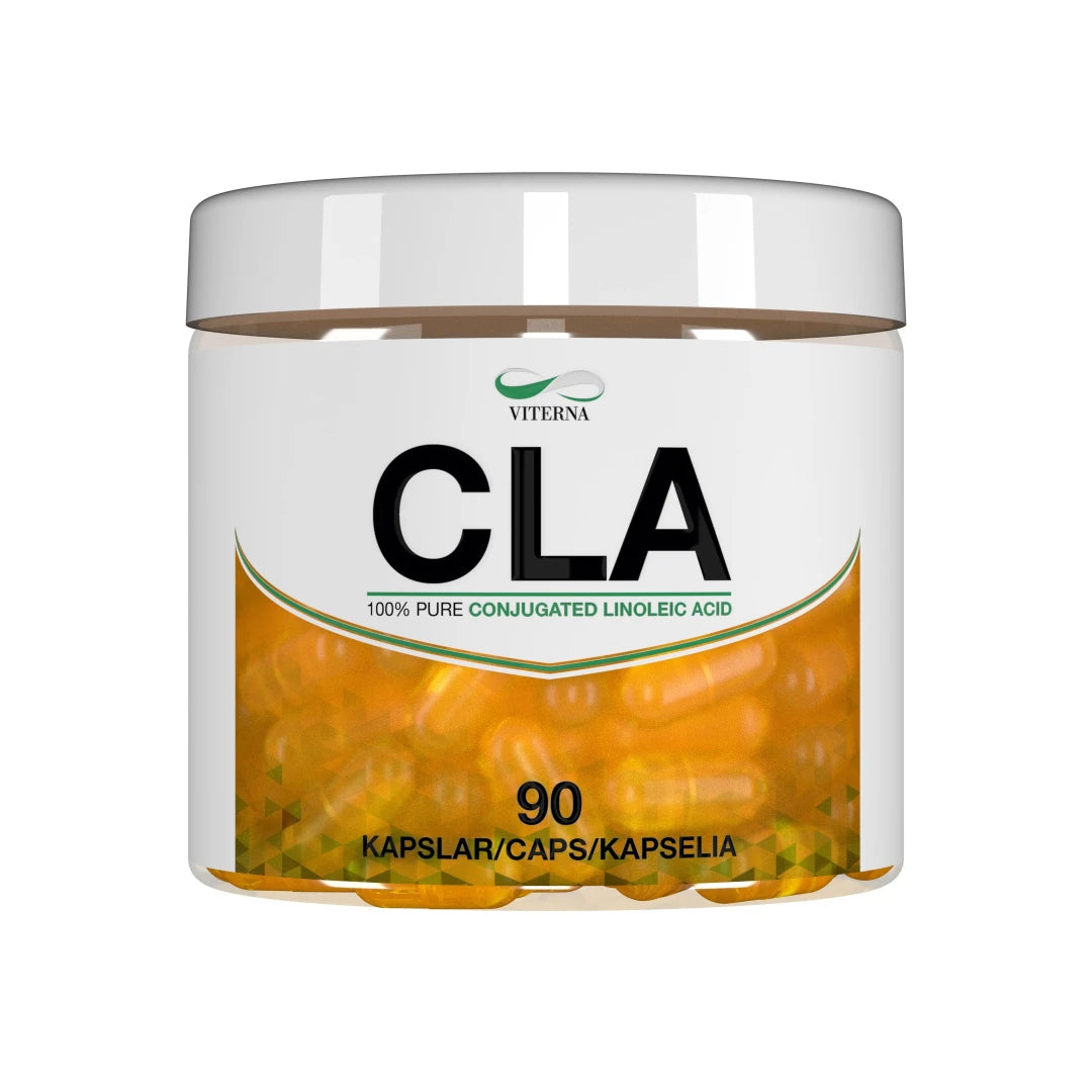 Viterna CLA 90 caps kosttillskott i en genomskinlig burk med vit etikett och orangea kapslar., bild 1 av 1