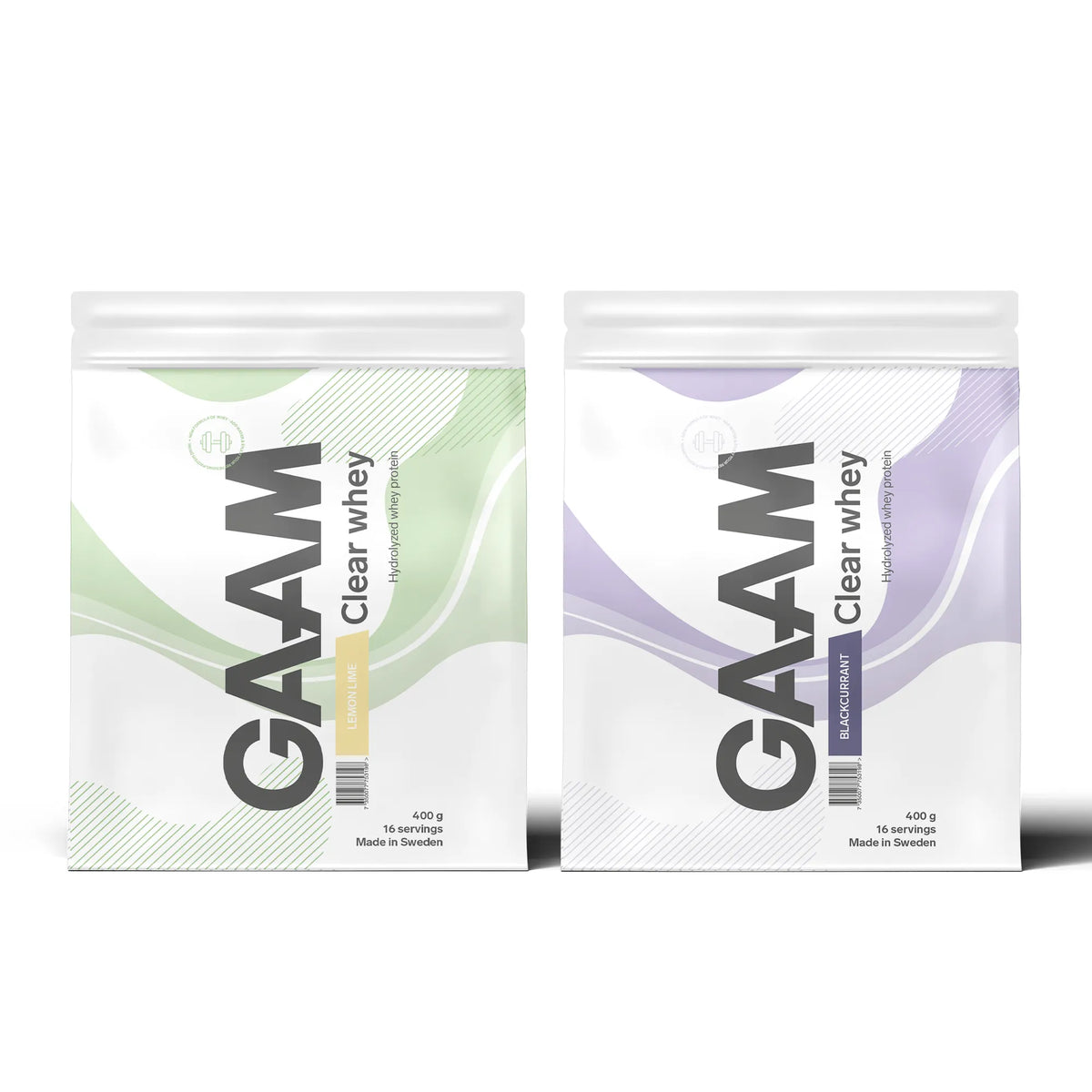 2 x GAAM Clear Whey 400 g proteinpulver i två vita påsar med gröna och lila detaljer., bild 1 av 1