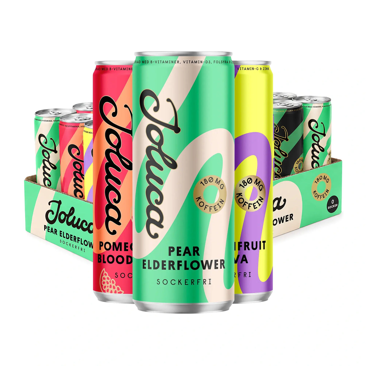 24 x Joluca Energidryck 330 ml Mixflak med energidrycksburkar i färgglada pastellmönster för olika smaker., bild 1 av 1