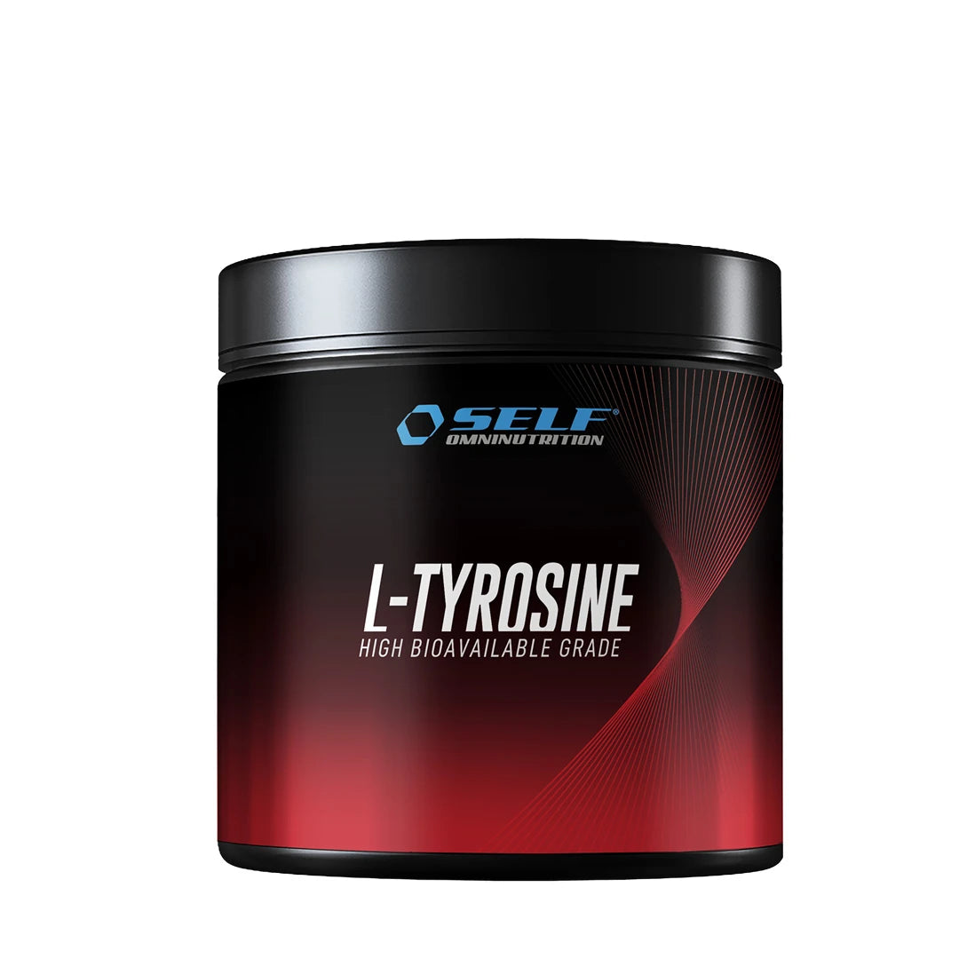 Self Omninutrition L-Tyrosine 200 g aminosyra i en svart och röd burk med vit text., bild 1 av 1