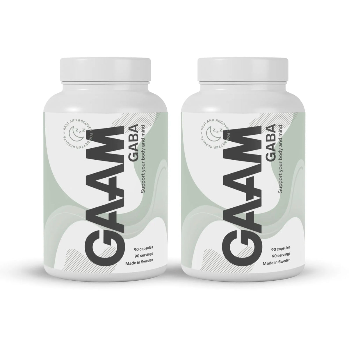 2 x GAAM GABA 90 caps kosttillskott i två vita burkar med ljusgröna detaljer och svart text.