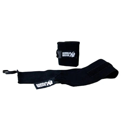 Gorilla Wear Wrist Wrap Basic, svarta elastiska handledslindor med vit logotyp för stöd under tunga lyft., bild 1 av 1