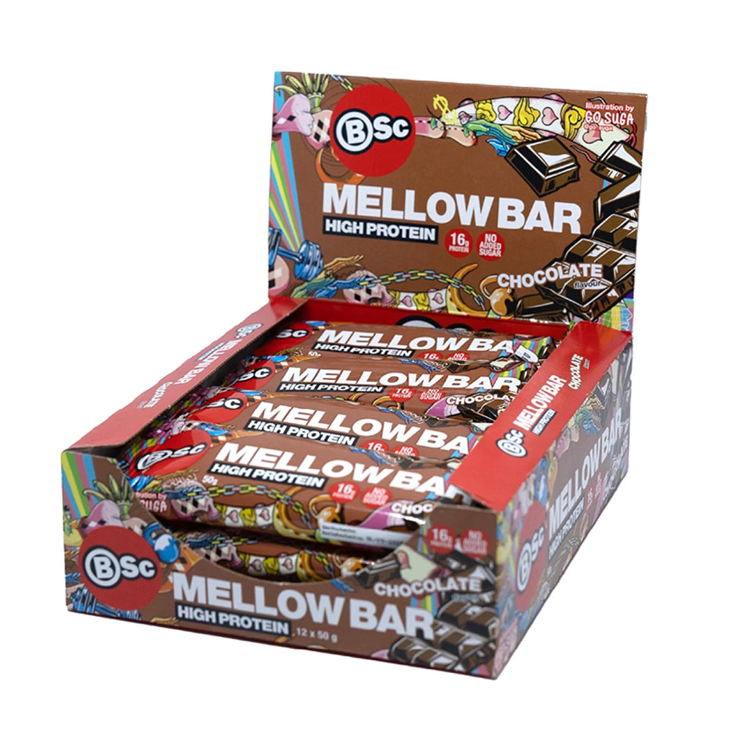 12 x BSc Mellow Bar 50 g Chocolate proteinbars i en färgglad displaylåda med chokladsmak., bild 1 av 1