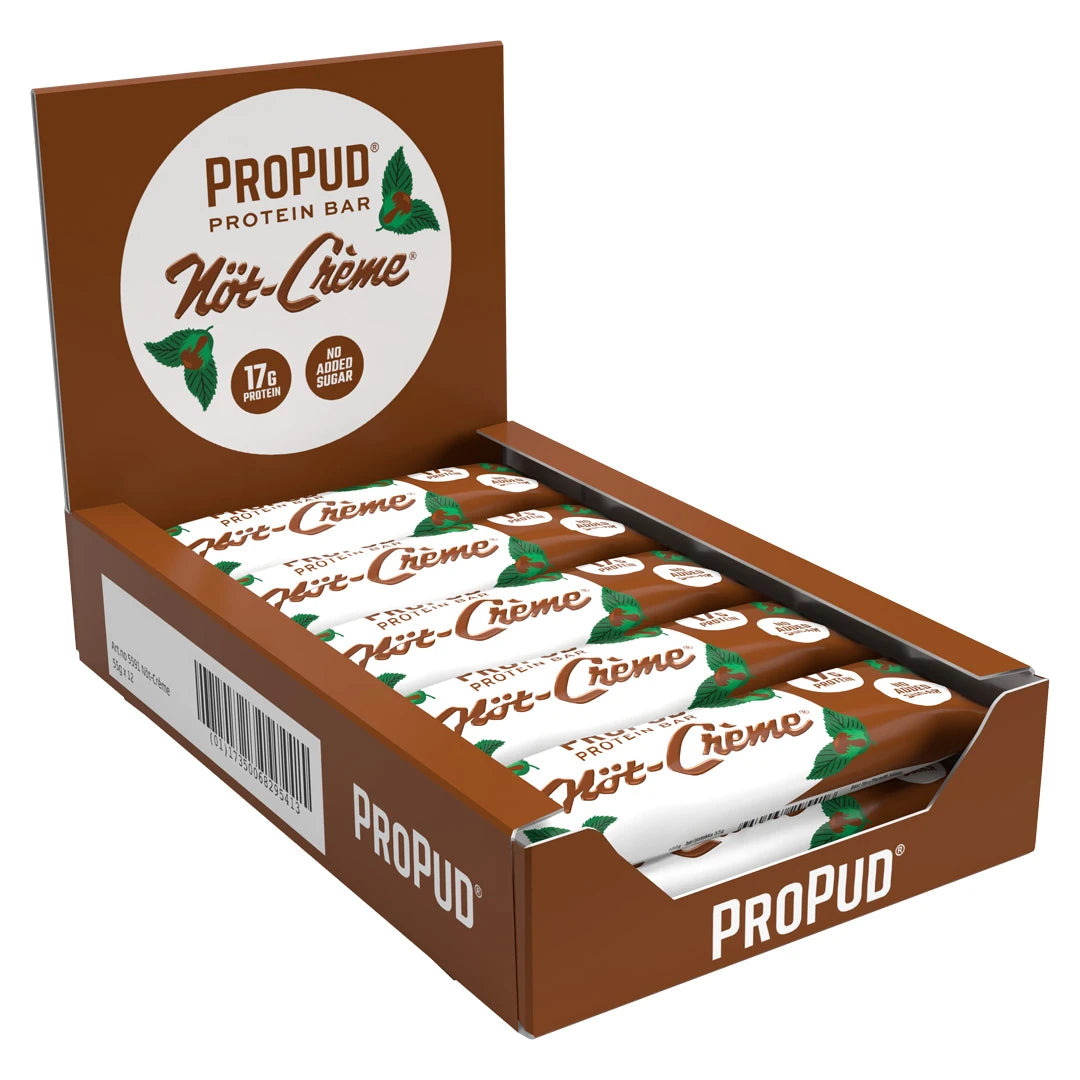 12 x NJIE Propud Proteinbar 55 g Nöt-Creme i en brun displaylåda innehållande matchande proteinbars med vita och bruna detaljer., bild 1 av 1