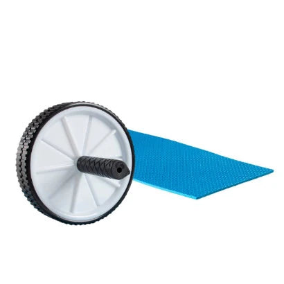 Virtufit Ab Wheel + Mat, magträningshjul i vitt och svart med texturerade handtag, samt en medföljande blå knämatta., bild 1 av 1