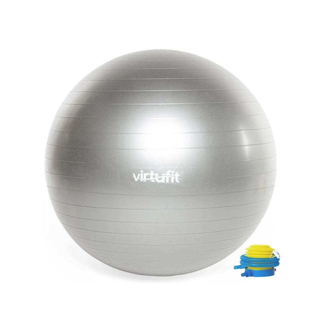 Virtufit Gym Ball + Pump 55 cm, en silvrig gymboll i PVC med tillhörande pump för styrke- och balansträning., bild 1 av 1