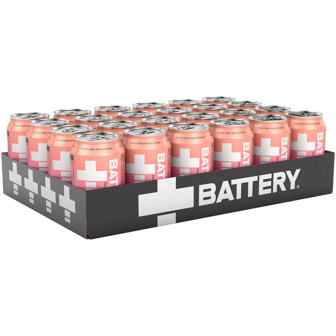 24 x Battery Energy Drink 330 ml Peach Raspberry i ett svart flak med matchande rosa burkar och vita detaljer., bild 1 av 1