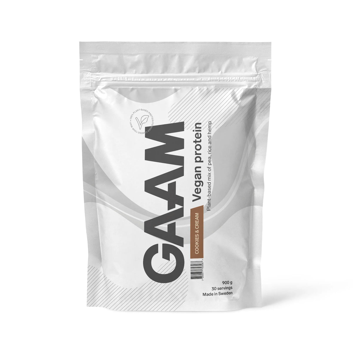 GAAM Vegan Protein 900 g veganskt proteinpulver i en vit påse med bruna detaljer för smaken Cookies &amp; Cream., bild 4 av 4