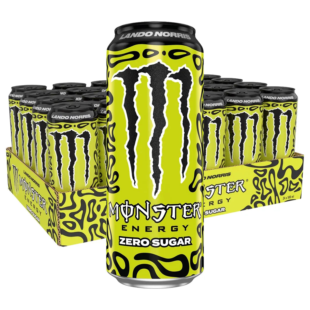 24 x Monster Energy 500 ml Lando Norris Zero Sugar i en gul kartong fylld med svartmönstrade burkar., bild 1 av 1