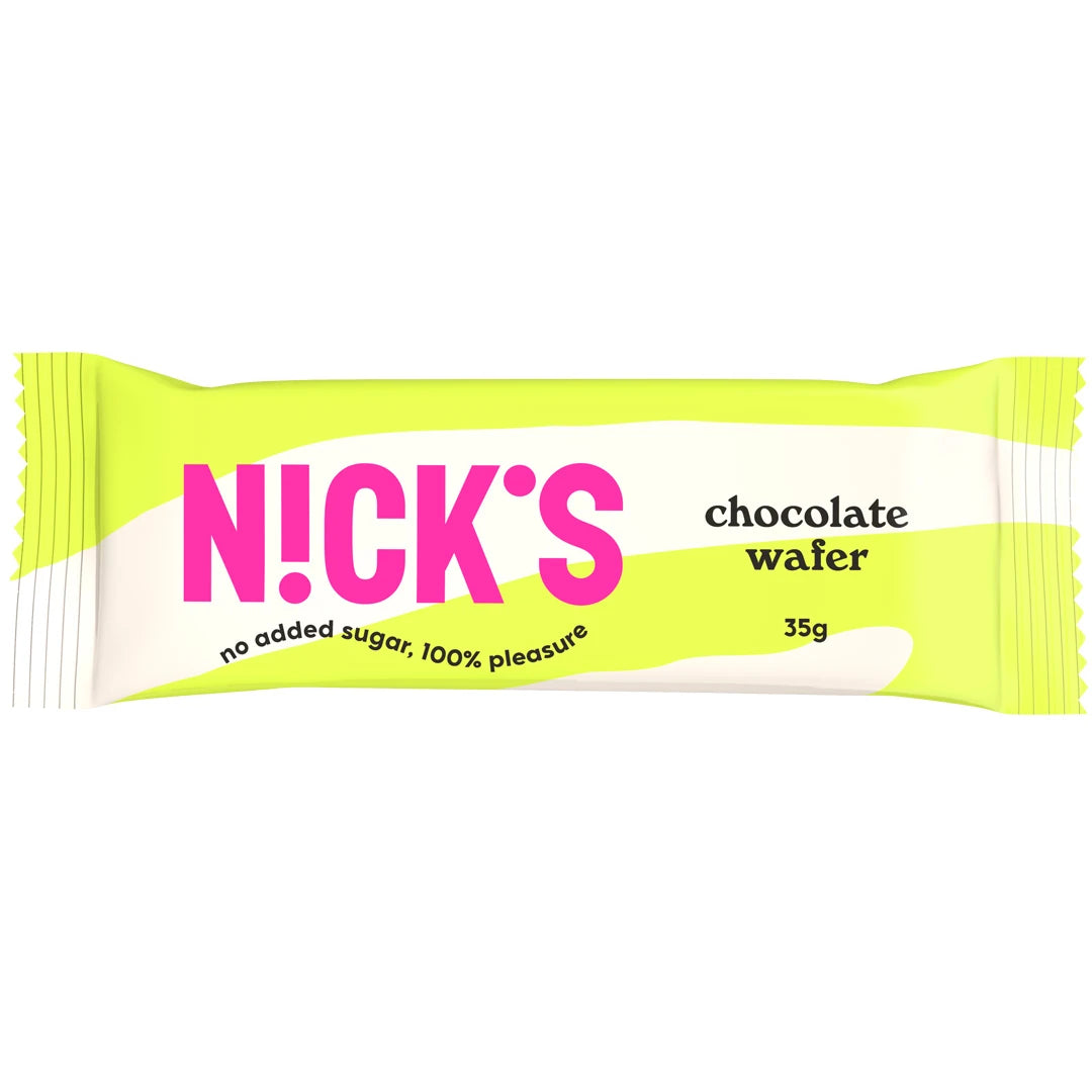 Nicks Chocolate Wafer 35 g i en ljusgrön och vit förpackning med stor rosa logotyp., bild 1 av 1